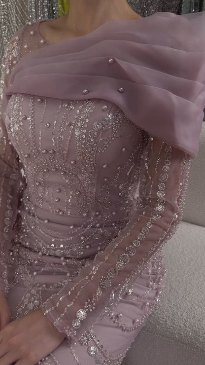 Luxury Pink Beaded Mermaid Evening Dress with Overskirt LA72348A