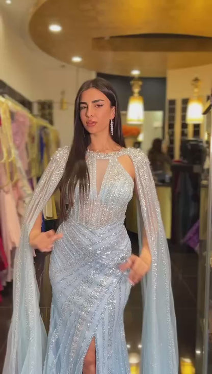 Luxury Crystal Yellow Evening Dress with Cape Sleeves LA72085