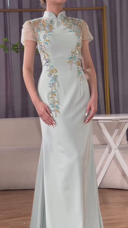 Luxury Mint Beaded Satin Mermaid Evening Dress with Corset LA72797
