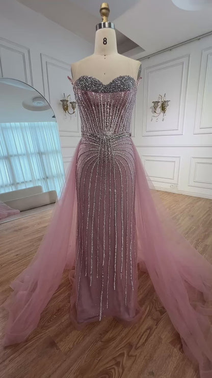 Strapless Pink Pearls Beaded Arabic Mermaid Evening Dress with Overskirt LA72811B