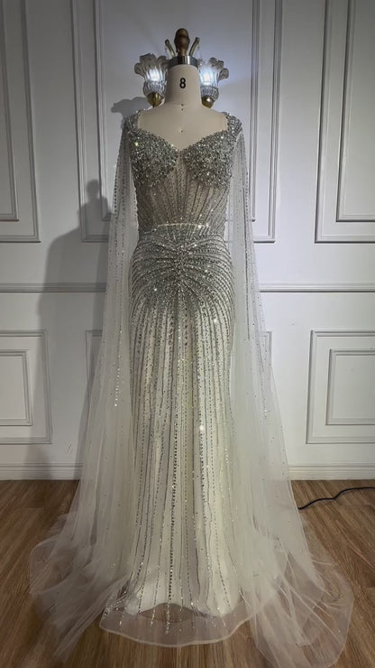 Luxury Nude Beaded Evening Dress with Cape Sleeves LA72575C