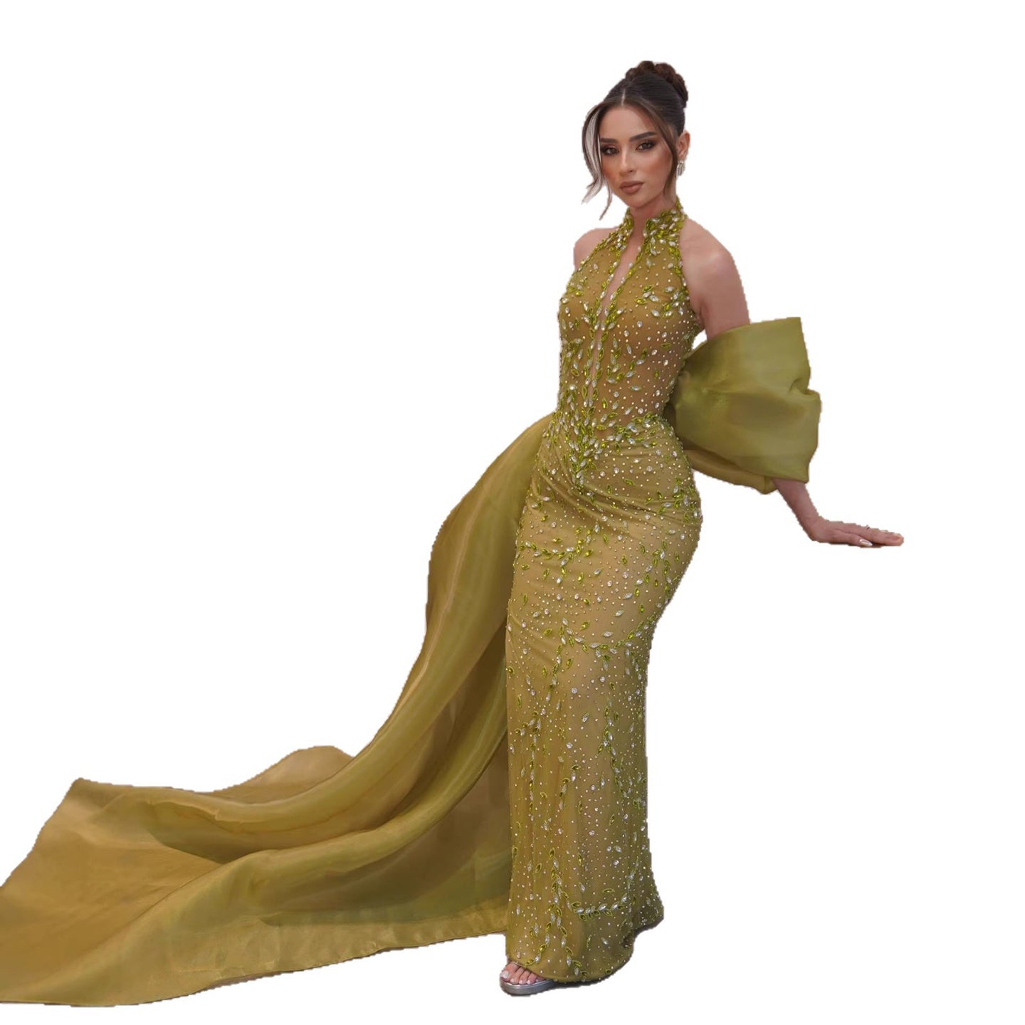 Luxury Lemon Beaded Halter Neck Mermaid Evening Dress with Overskirt LA73523