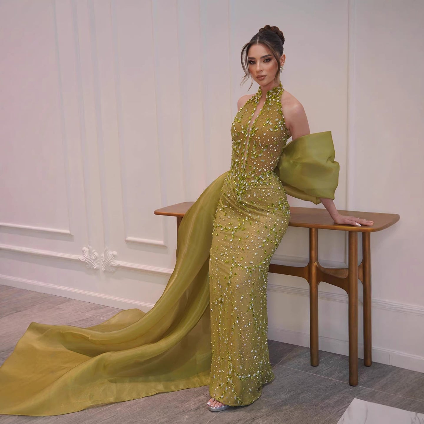 Luxury Lemon Beaded Halter Neck Mermaid Evening Dress with Overskirt LA73523