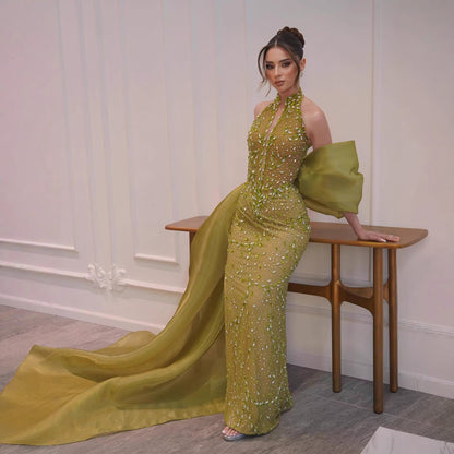 Luxury Lemon Beaded Halter Neck Mermaid Evening Dress with Overskirt LA73523