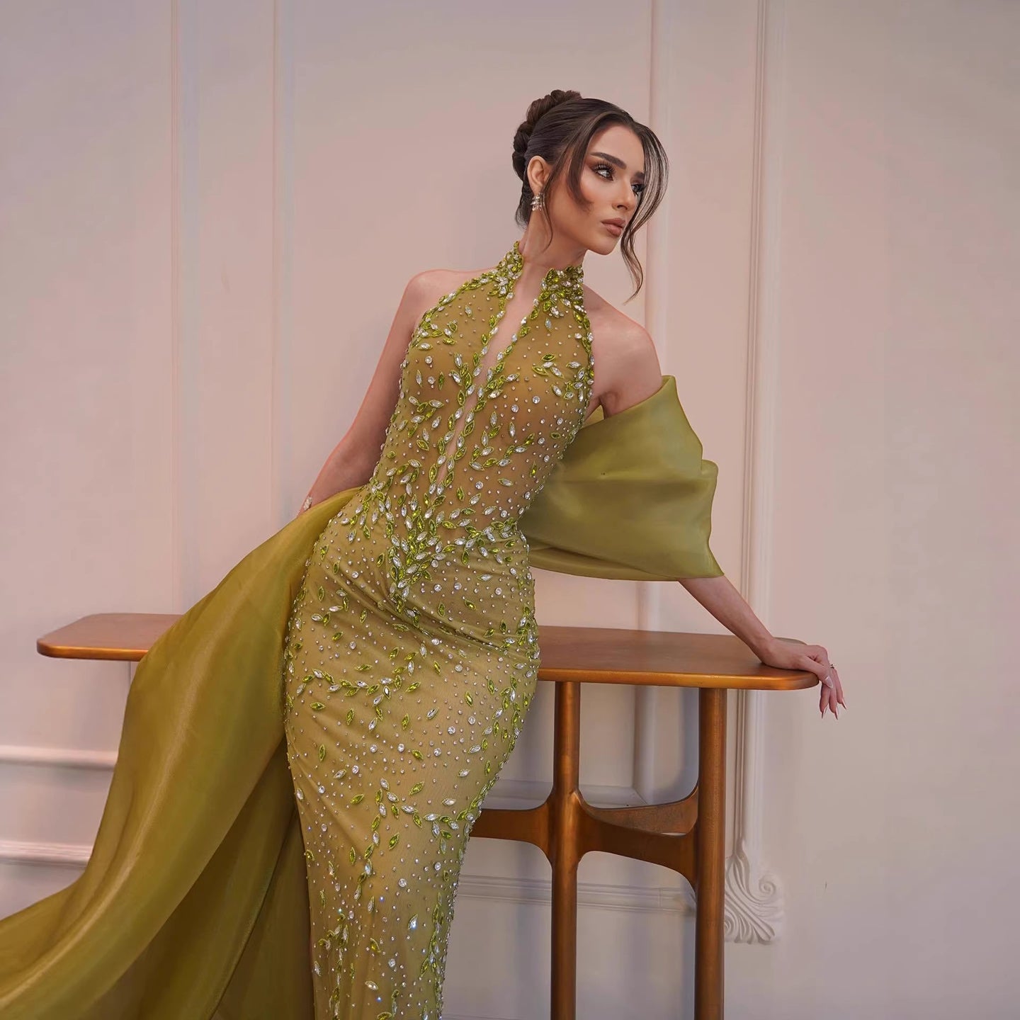 Luxury Lemon Beaded Halter Neck Mermaid Evening Dress with Overskirt LA73523