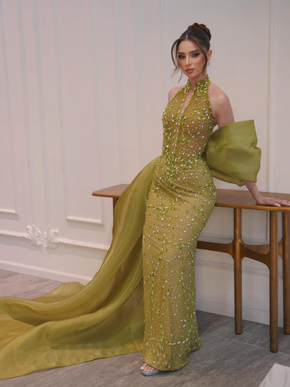 Luxury Lemon Beaded Halter Neck Mermaid Evening Dress with Overskirt LA73523