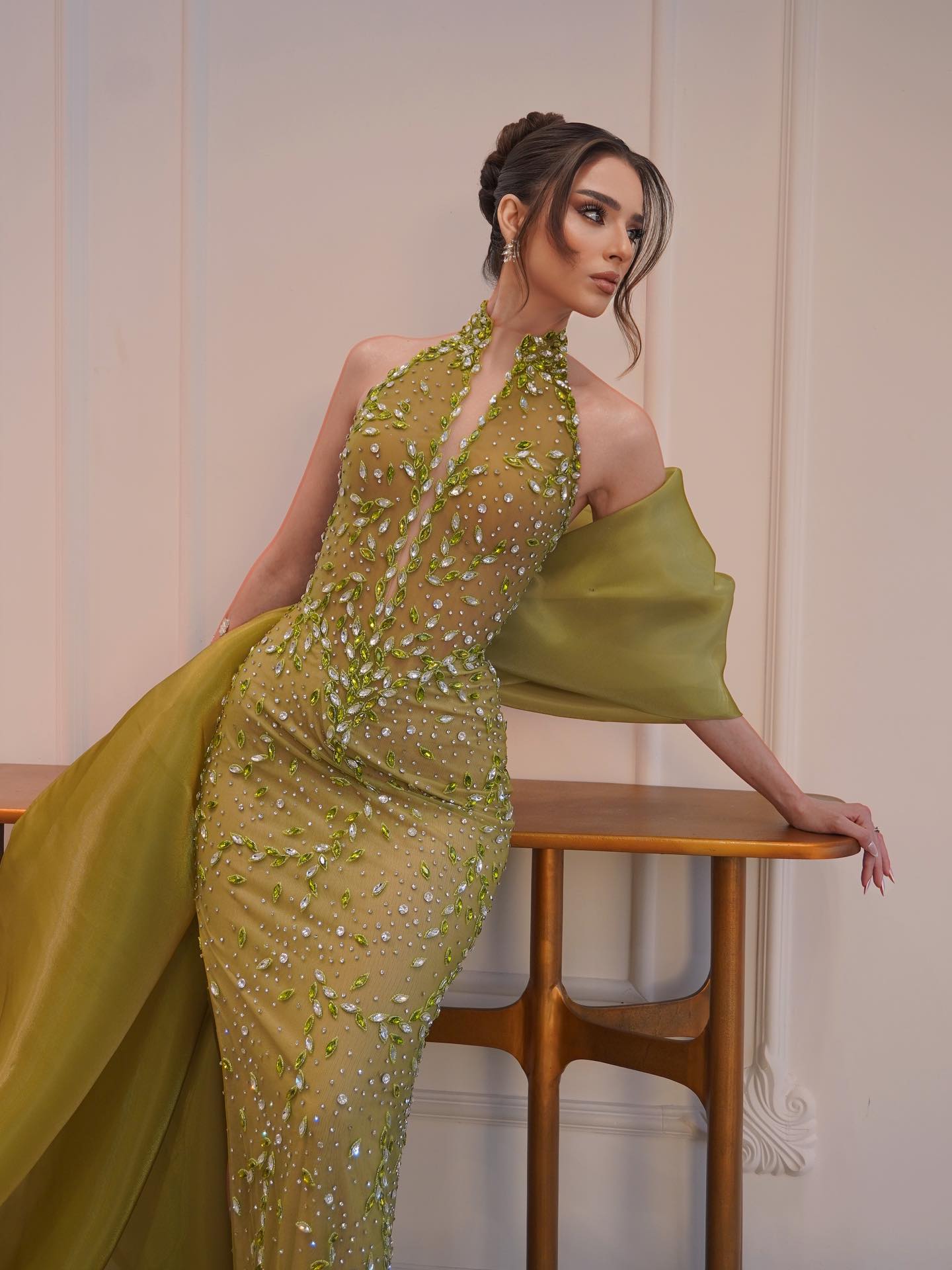 Luxury Lemon Beaded Halter Neck Mermaid Evening Dress with Overskirt LA73523