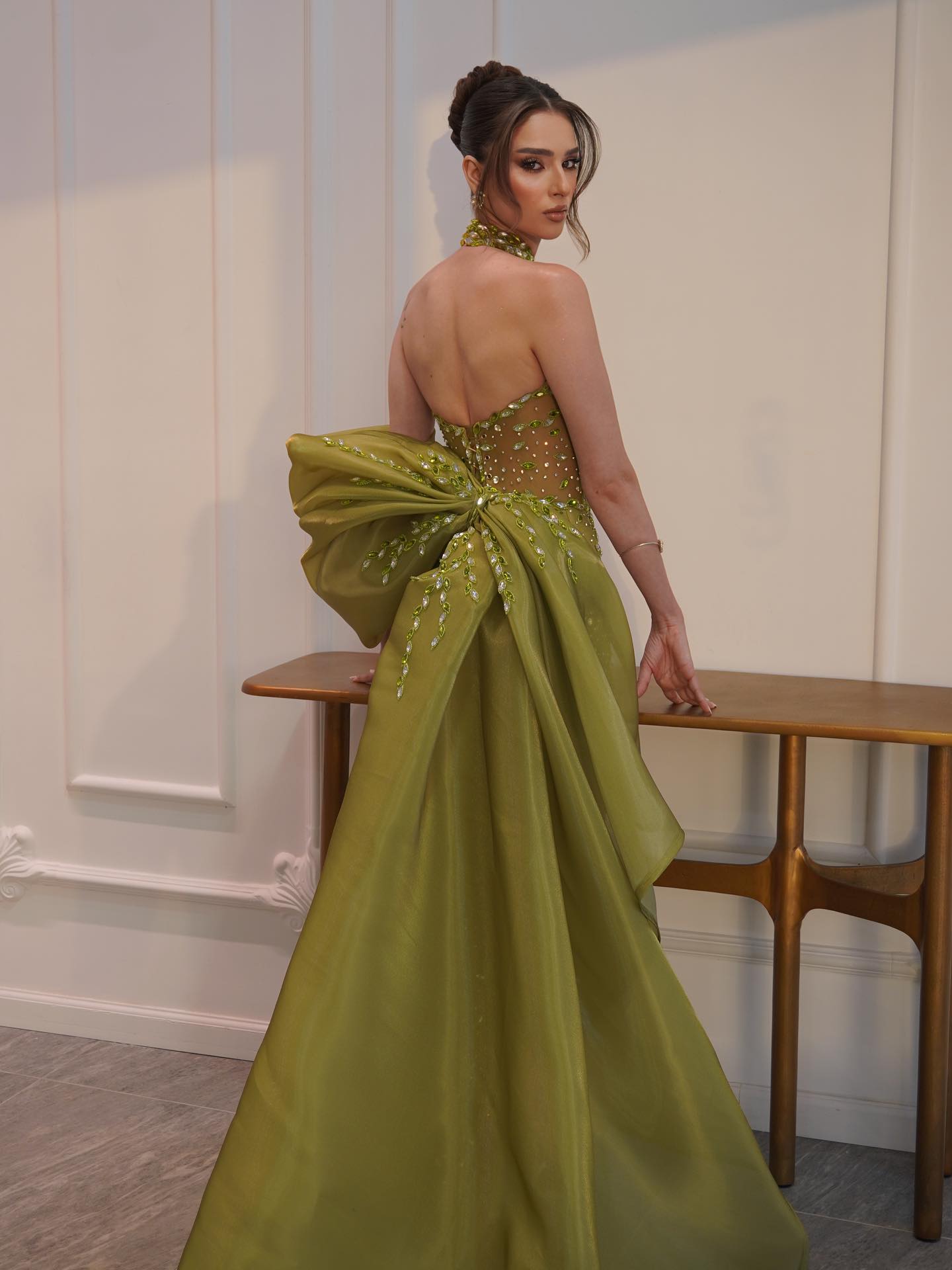 Luxury Lemon Beaded Halter Neck Mermaid Evening Dress with Overskirt LA73523