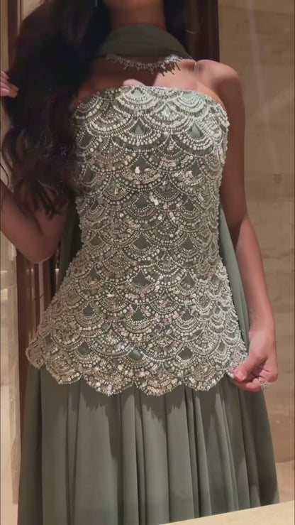 Luxury Sage Green Strapless Beaded A-Line Evening Dress LA73440