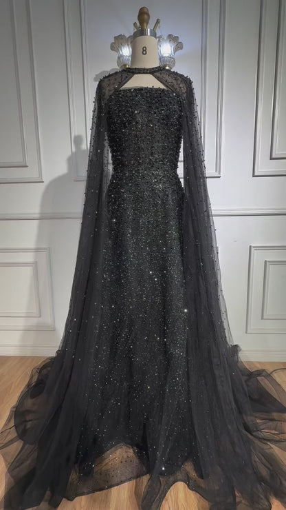 Luxury Arabic Blue A-Line Evening Dress with Cape Sleeves Plus Size LA72659