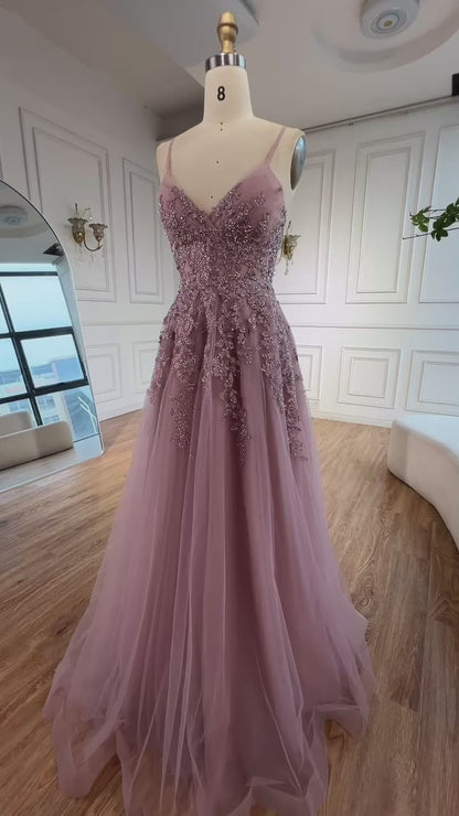 Luxury Pink Tulle A Line Prom Dress with Appliques LA73009