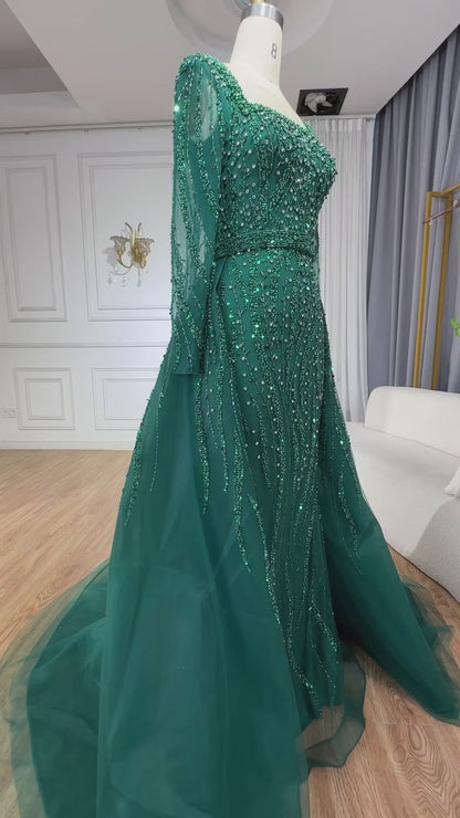 Modest Green Mermaid Evening Dress with Overskirt LA72710
