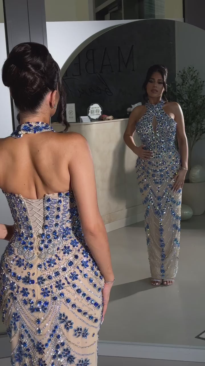 Luxury Blue Beaded Mermaid Evening Dress LA72858