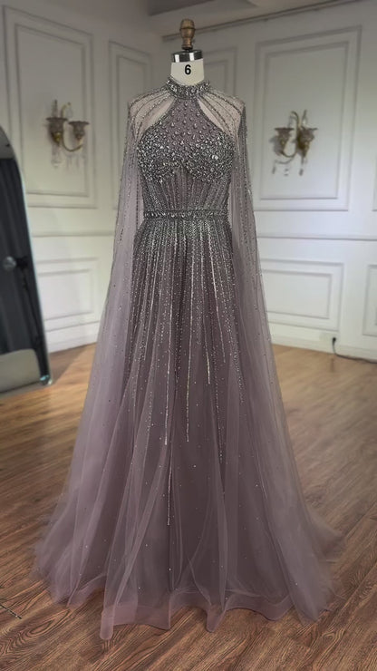 Luxury Beaded A-Line Evening Dress with Cape Sleeves LA73054