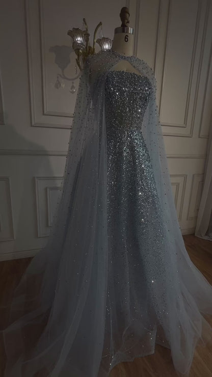 Luxury Arabic Blue A-Line Evening Dress with Cape Sleeves Plus Size LA72659