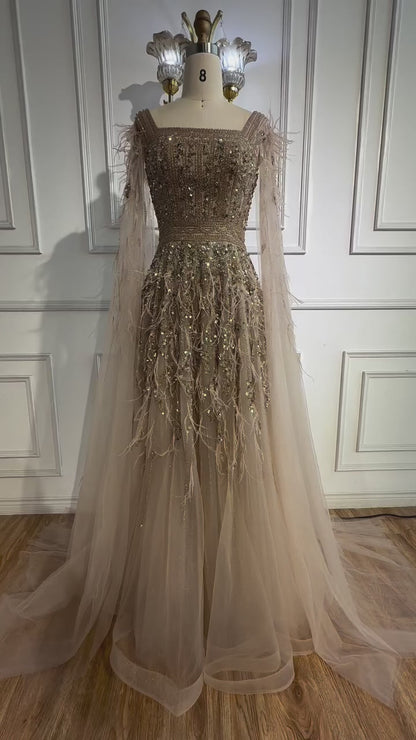 Elegant Blue Beaded Feather A-Line Evening Dress With Cape LA73043