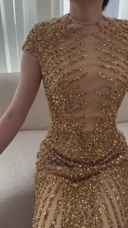 Luxury Saudi Arabic Gold Beaded Mermaid Evening Dress LA73221