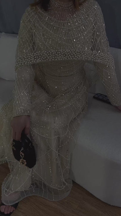 Luxury Modest Sage Green Evening Dress with Pearls LA72032B