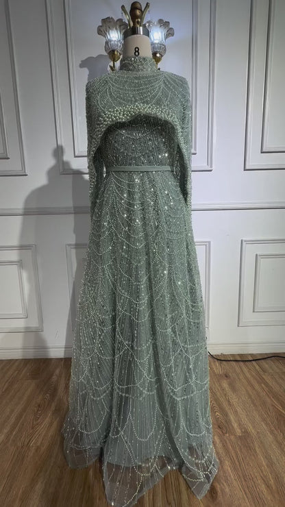 Luxury Modest Sage Green Evening Dress with Pearls LA72032B