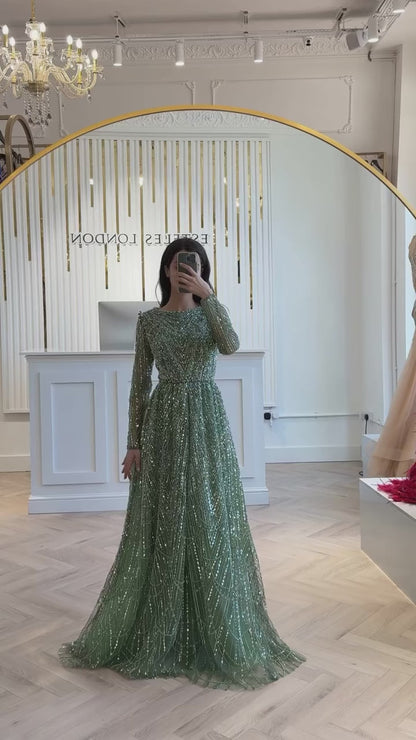 Luxury Olive Green Beaded A-Line Modest Evening Dress LA72738B