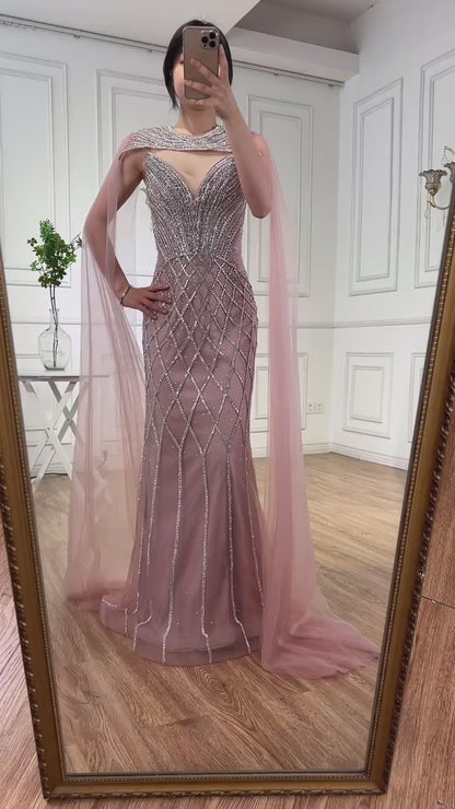 Luxury Nude Beaded Mermaid Evening Dress with Cape LA72814