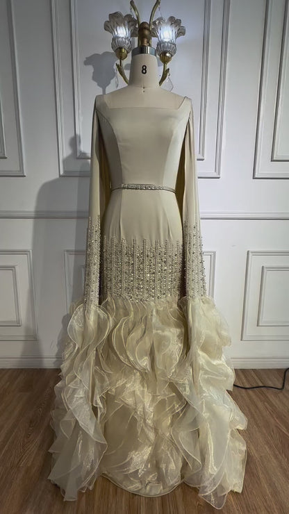 Elegant Nude Beaded Evening Dress with Cape Sleeves LA72317C