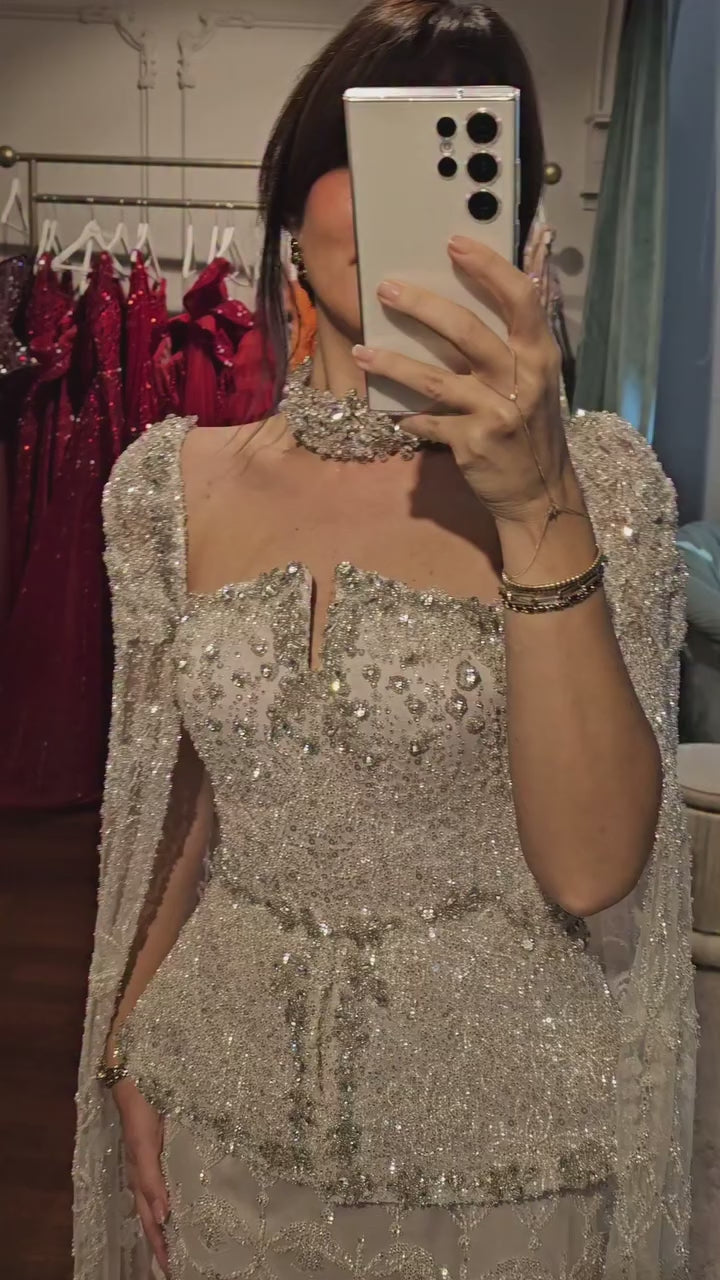 Luxury Silver Dubai Crystal Beaded Evening Dress with Cape LA73274