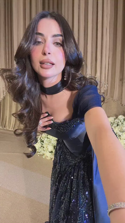 Luxury Arabic Navy A-Line Evening Dress with Beaded LA73050