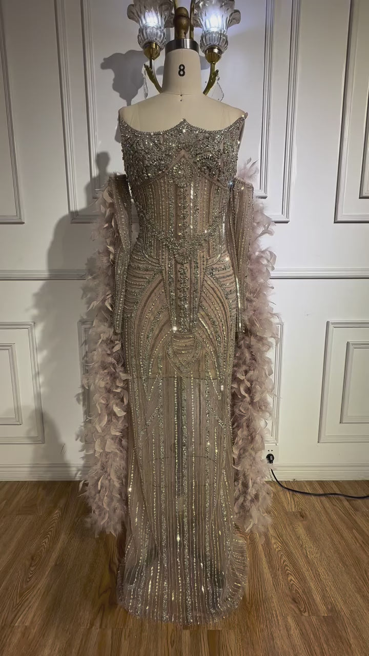 Luxury Caramel Beaded Evening Dress with Feather Sleeves LA73055