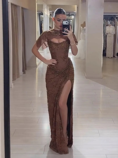 Luxury Brown Beaded Mermaid Gown with Cape LA73370