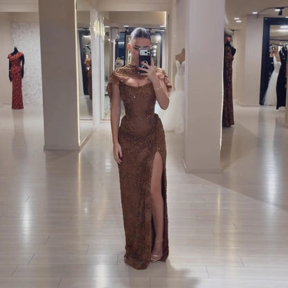 Luxury Brown Beaded Mermaid Gown with Cape LA73370