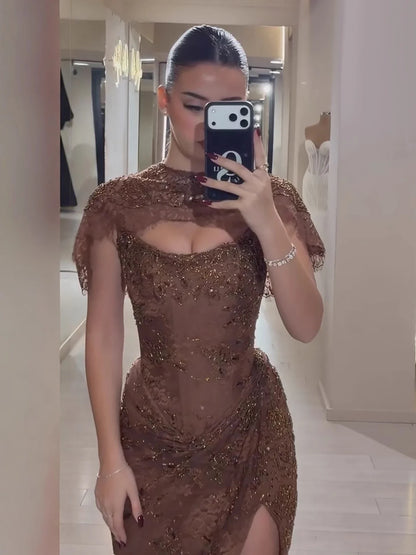 Luxury Brown Beaded Mermaid Gown with Cape LA73370