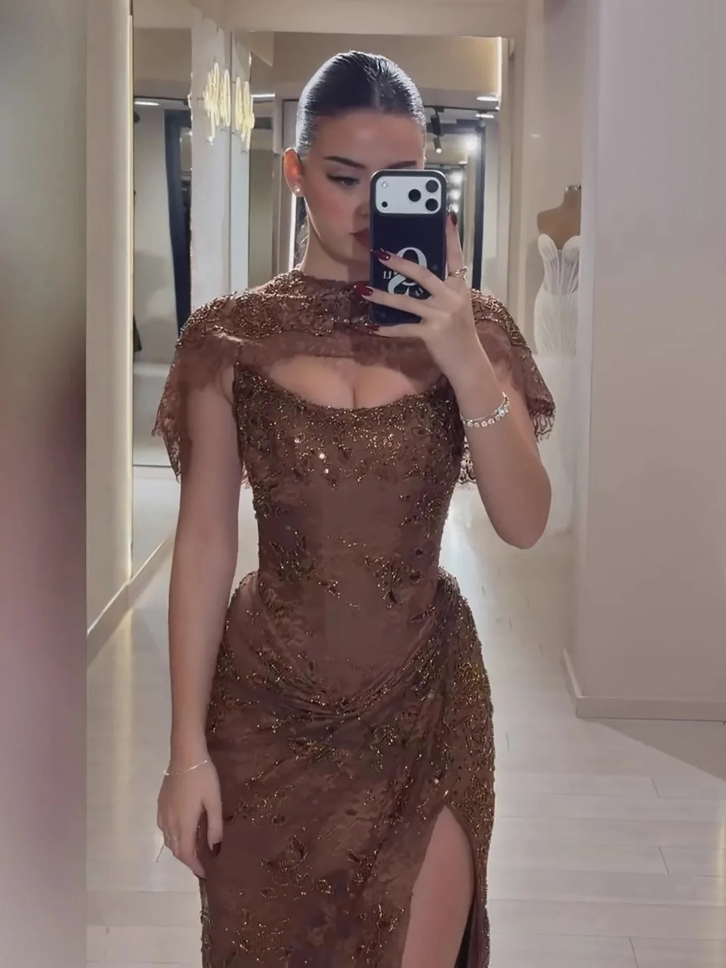 Luxury Brown Beaded Mermaid Gown with Cape LA73370