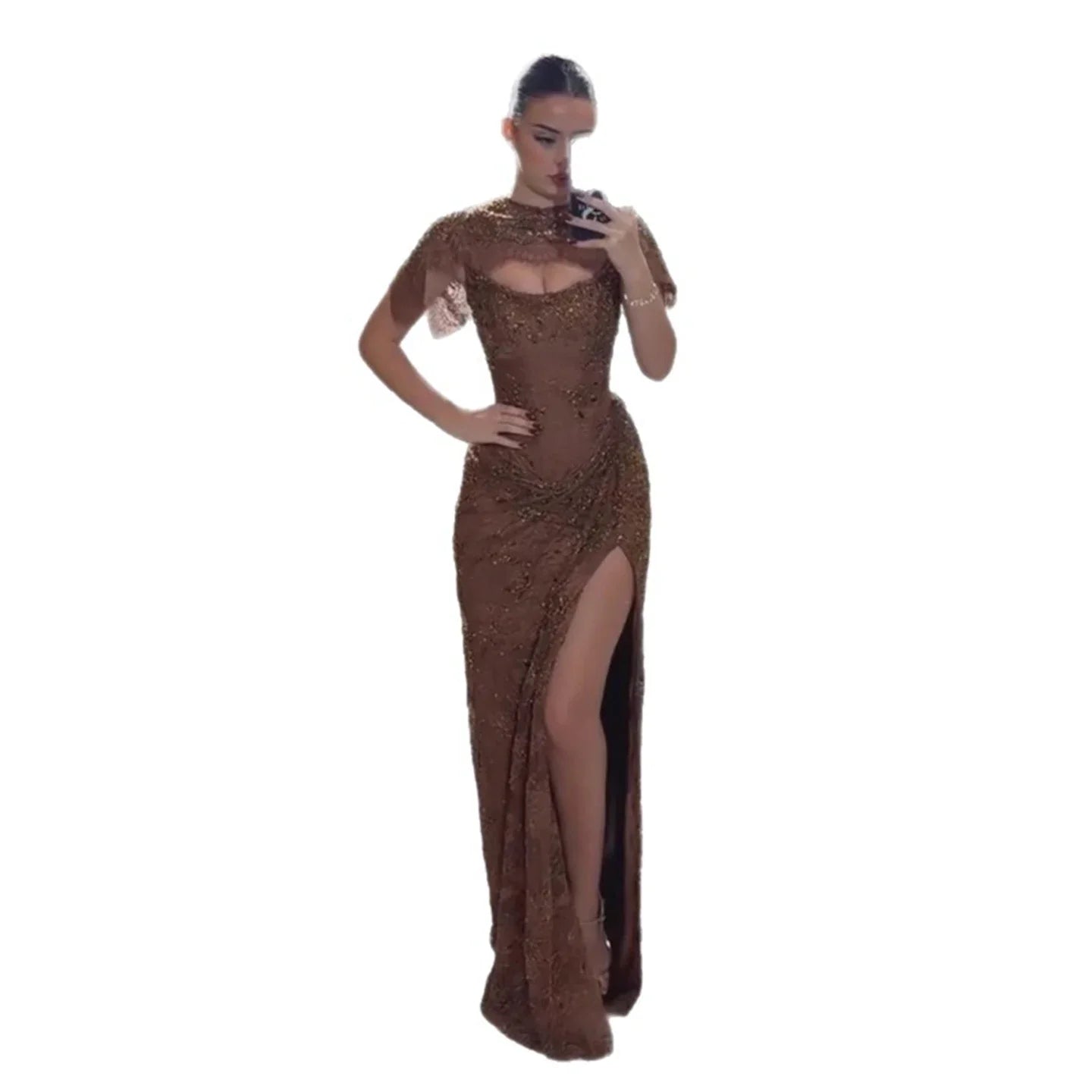 Luxury Brown Beaded Mermaid Gown with Cape LA73370