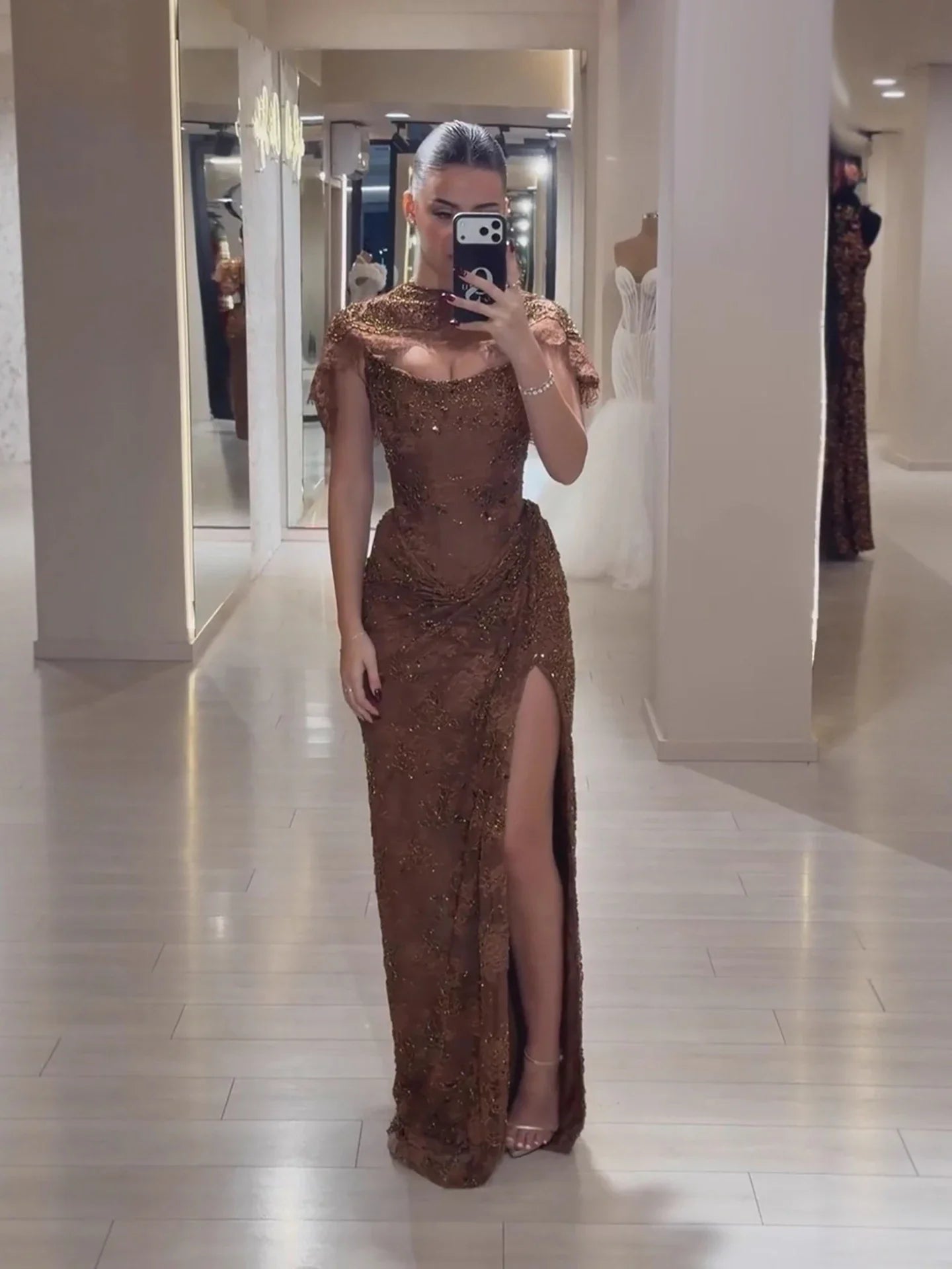Luxury Brown Beaded Mermaid Gown with Cape LA73370