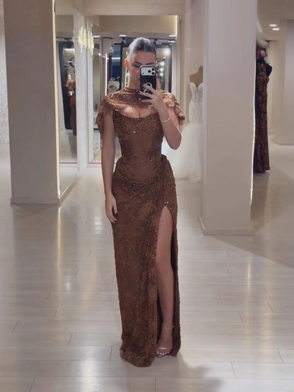 Luxury Brown Beaded Mermaid Gown with Cape LA73370