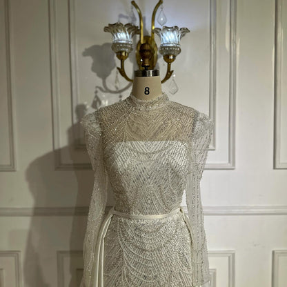 فستان سهرة فاخر من دبي باللون الأبيض بتصميم حورية البحر، مناسب للمسلمات، مع تنورة خارجية LA72032L