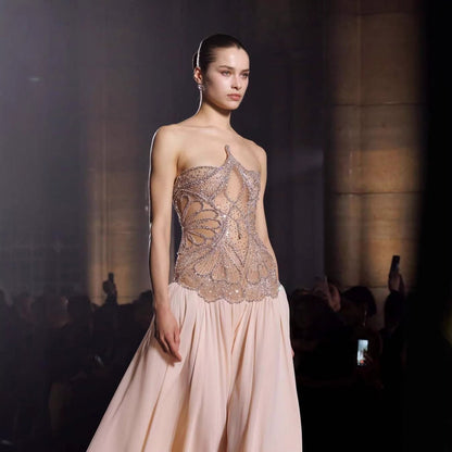 Luxury Nude Pink Beaded A-Line Evening Dress LA73623