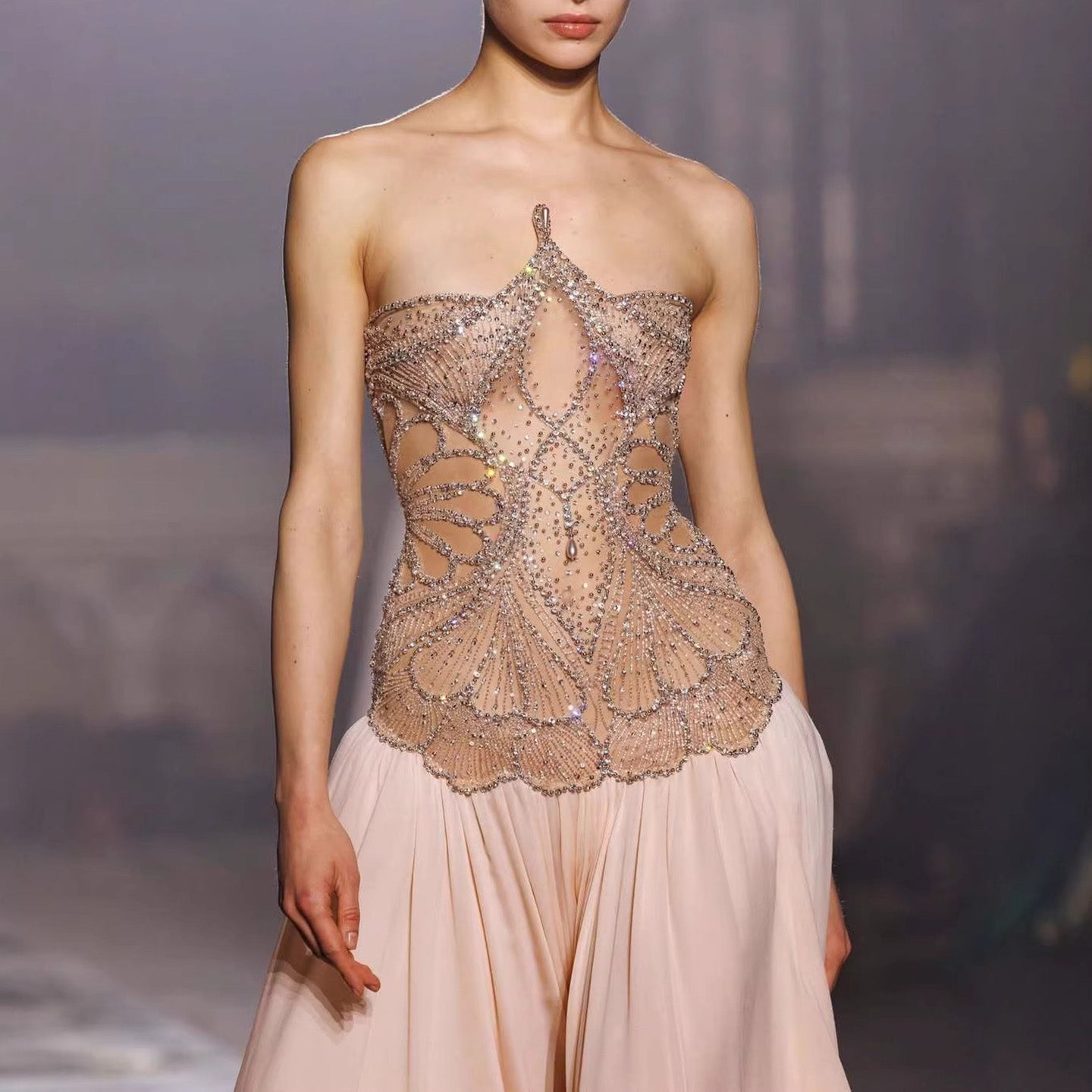 Luxury Nude Pink Beaded A-Line Evening Dress LA73623