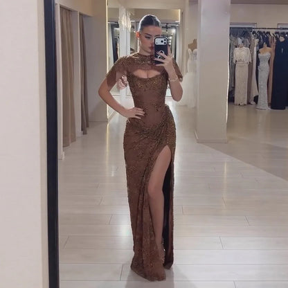 Luxury Brown Beaded Mermaid Gown with Cape LA73370