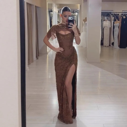 Luxury Brown Beaded Mermaid Gown with Cape LA73370