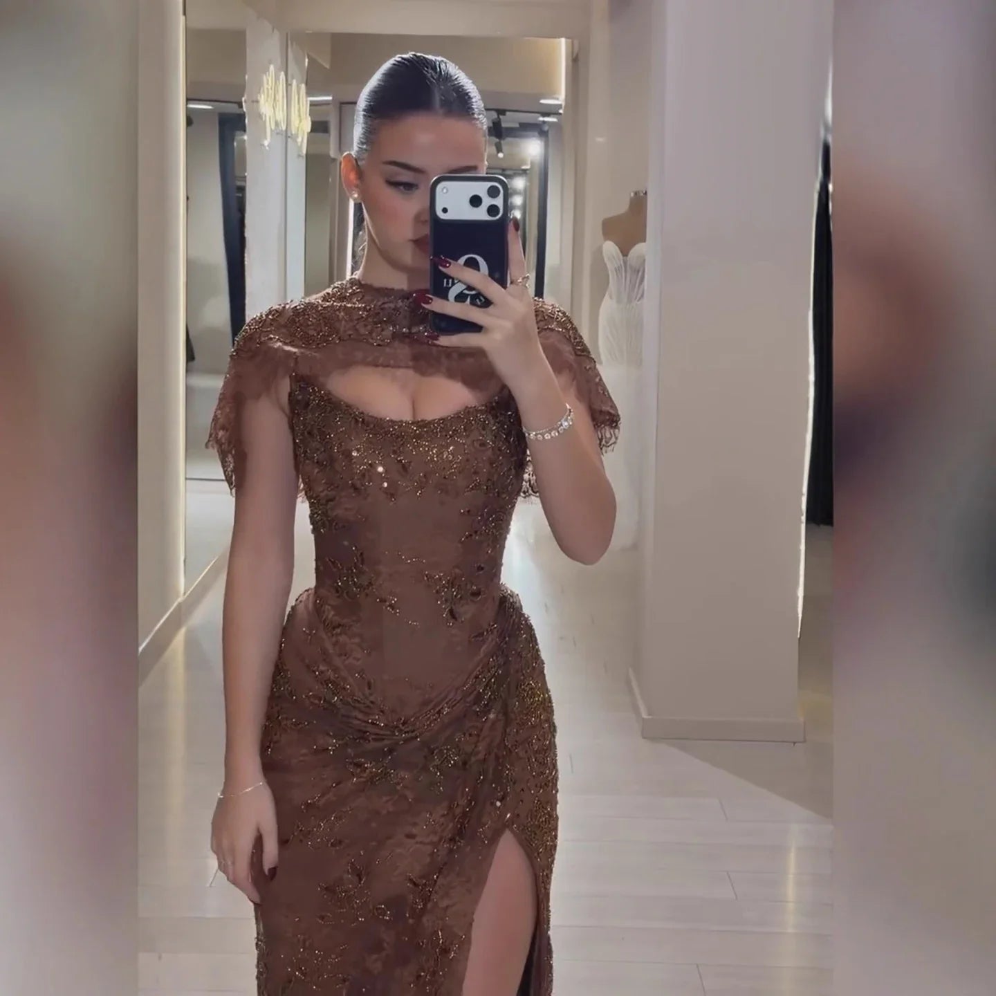 Luxury Brown Beaded Mermaid Gown with Cape LA73370