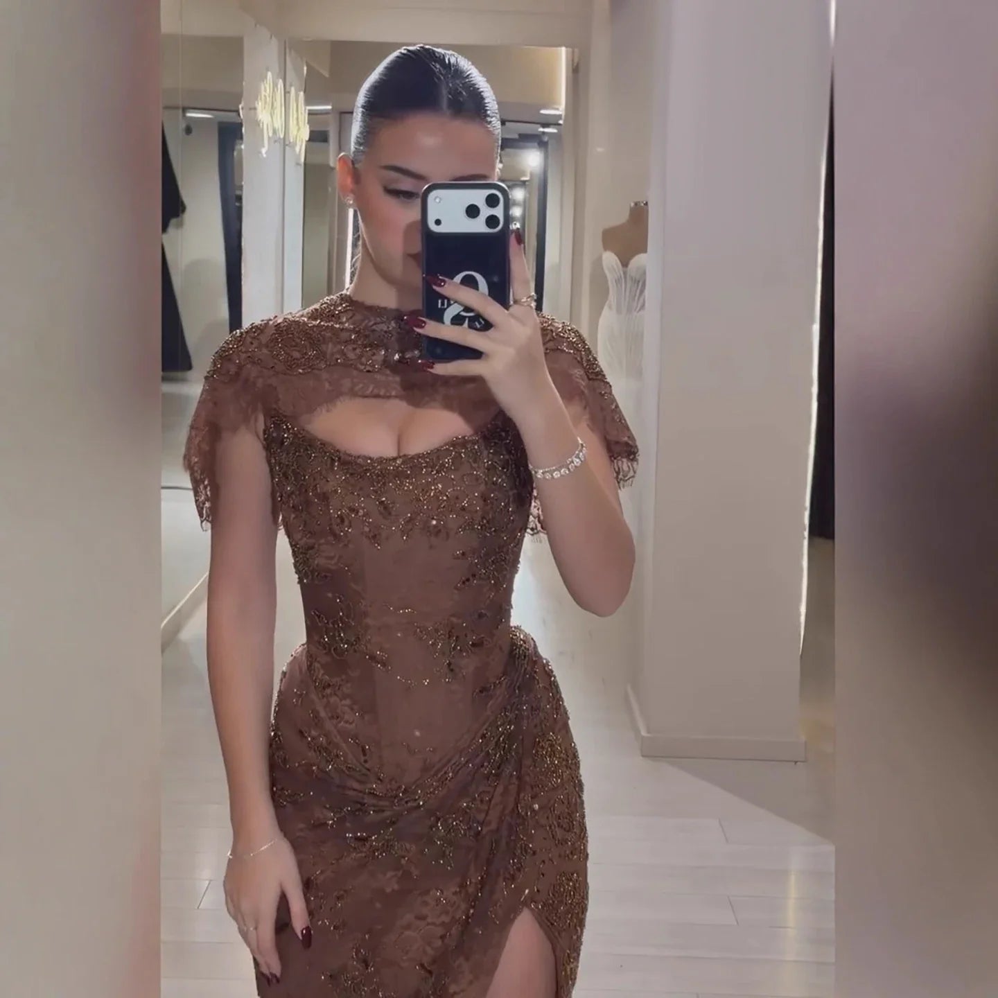 Luxury Brown Beaded Mermaid Gown with Cape LA73370