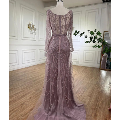 Arabic Pink High Split Beaded Luxury Dubai Long Evening Dresses Gowns For Women Wedding Party  LA71917