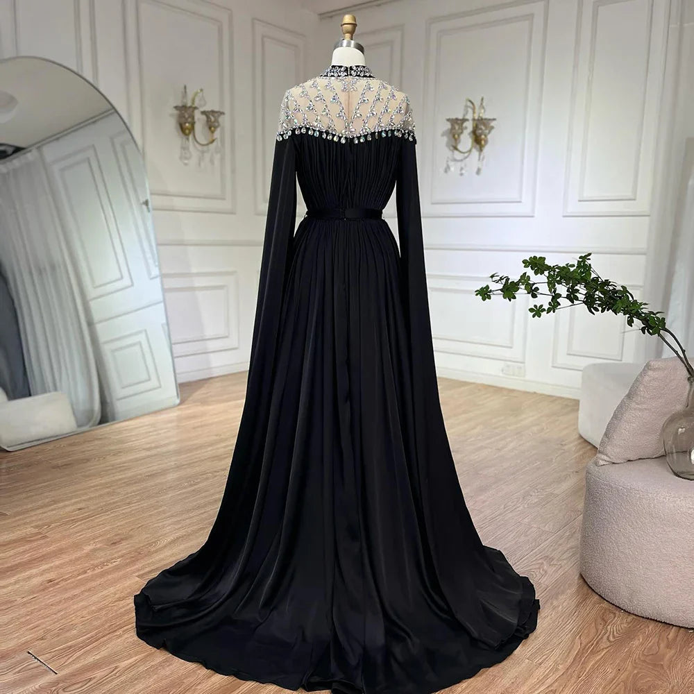 Black Diamond  Caple Sleeves Chiffon Evening Dress Dubai Design High Neck  Gowns   Luxury Dubai LA60718