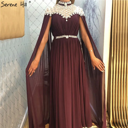 Black Diamond  Caple Sleeves Chiffon Evening Dress Dubai Design High Neck  Gowns   Luxury Dubai LA60718