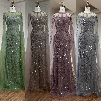 Arabic Gray Mermaid Evening Dress With Beaded Elegant Cape Sleeves Gown For Formal Occasion LA72611