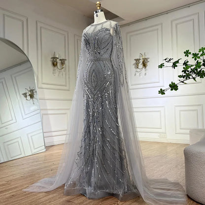 Arabic Gray Mermaid Evening Dress With Beaded Elegant Cape Sleeves Gown For Formal Occasion LA72611