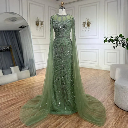 Arabic Gray Mermaid Evening Dress With Beaded Elegant Cape Sleeves Gown For Formal Occasion LA72611