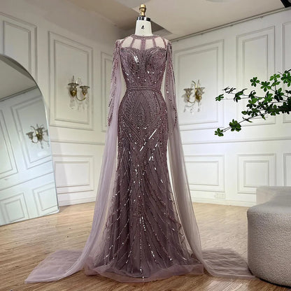Arabic Gray Mermaid Evening Dress With Beaded Elegant Cape Sleeves Gown For Formal Occasion LA72611